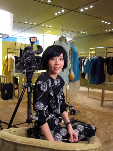 doing TV shoot in another MIU MIU dress